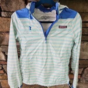 Vineyard Vines Aqua and White Striped Rain Jacket